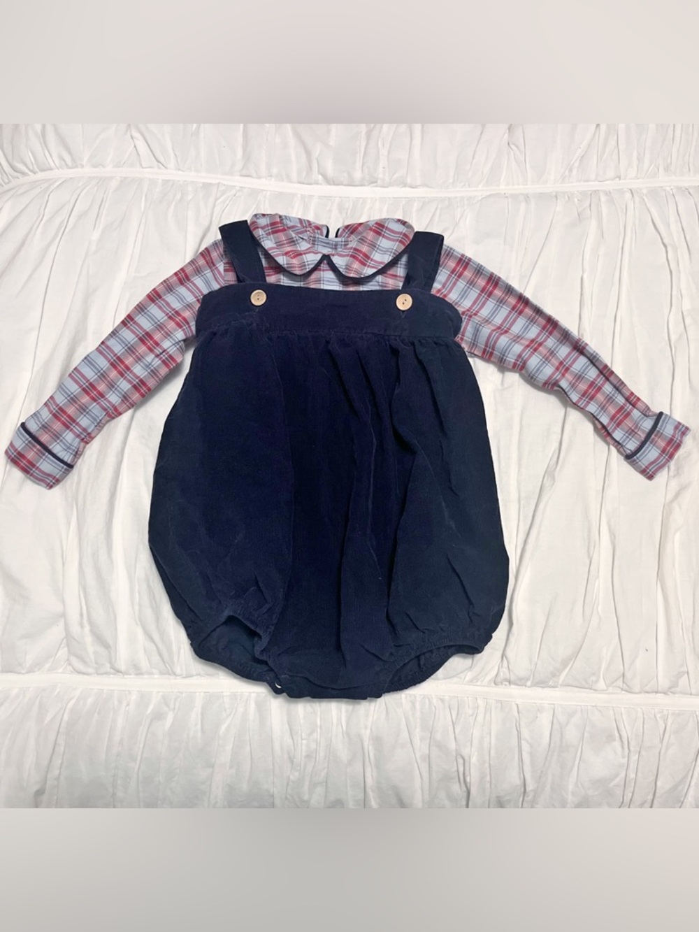 Little English 24m Navy Corduroy Bubble Romper and shirt set